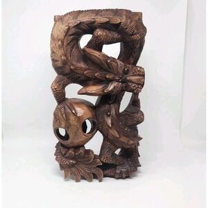 Vintage Hand Carved Solid Wood "Dragon and Pearl" Sculpture Feng Shui 16"x8.5"